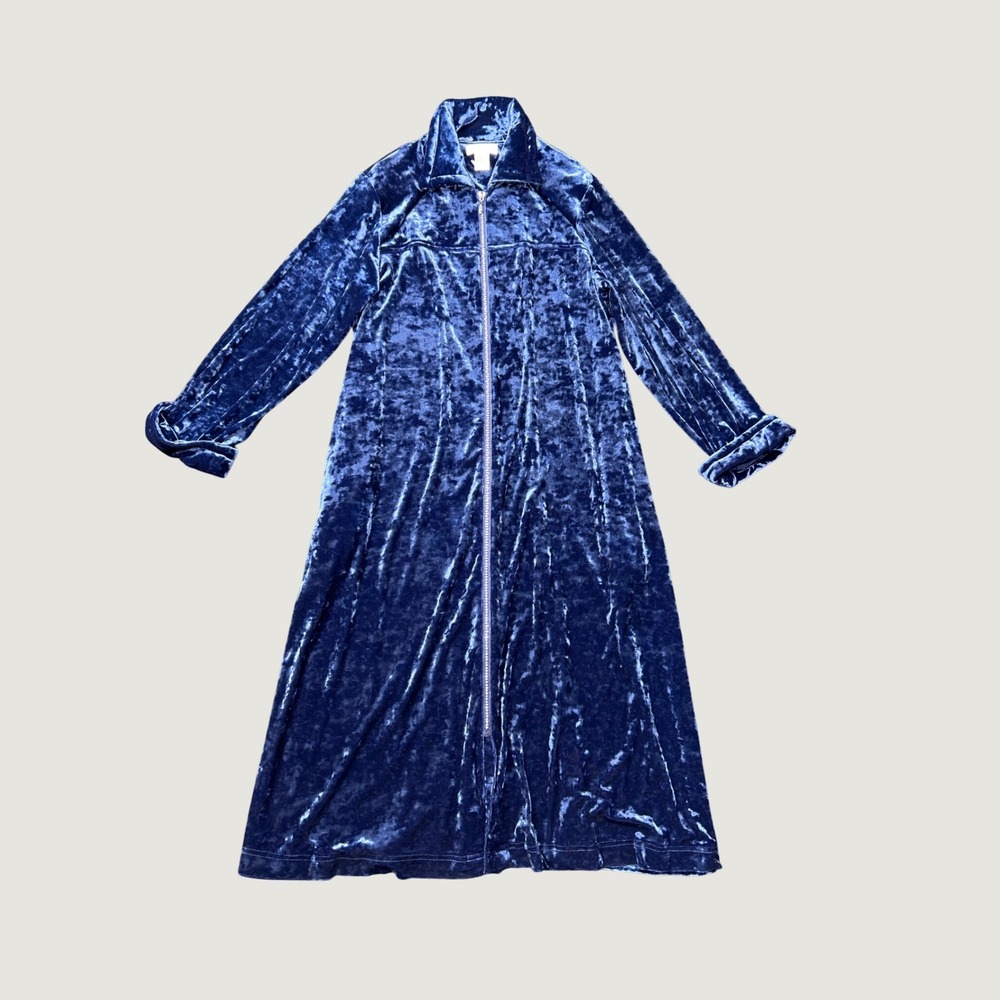 Cabernet Housecoat Loungewear S Blue Velvet Rhinestone Trim Zip Front LS Luxe